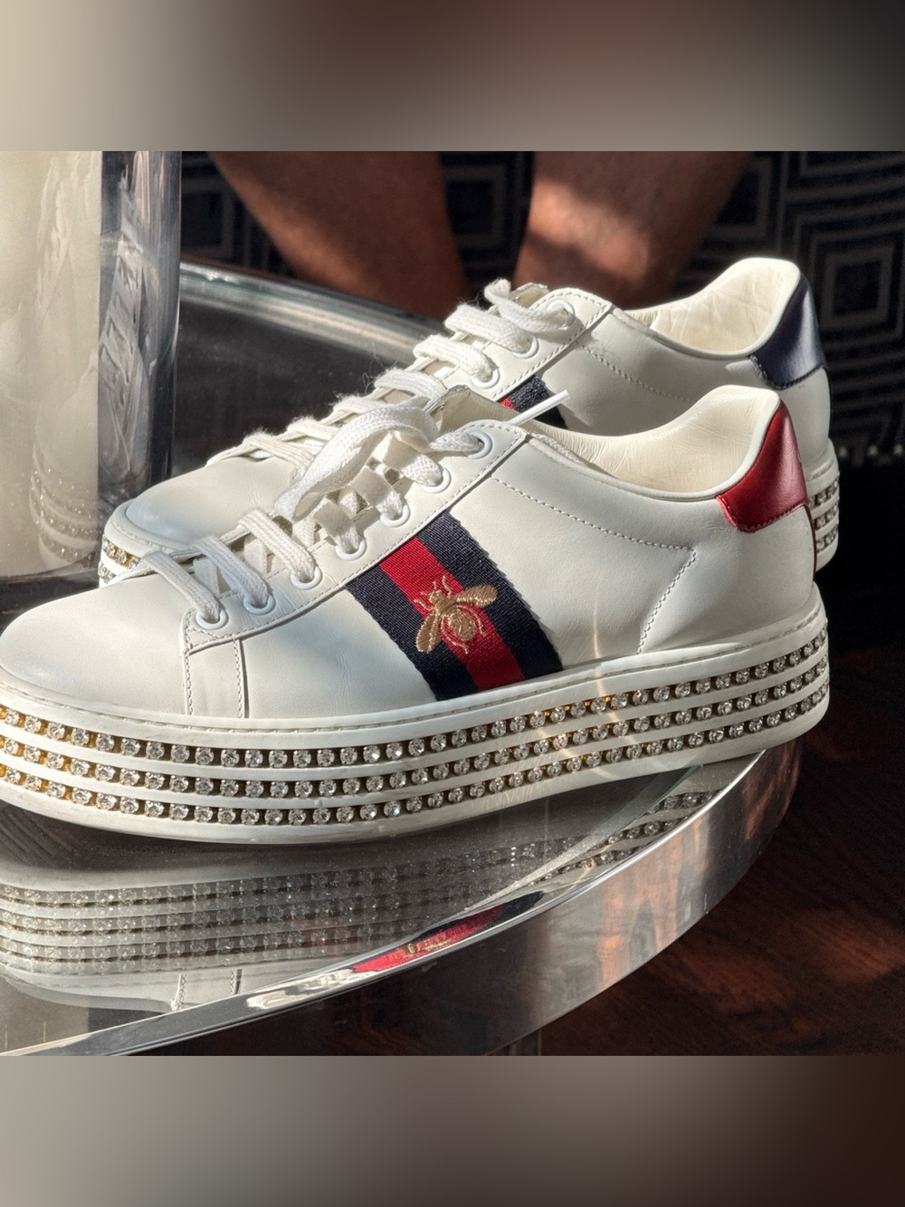 Gucci White Leather Platform Sneakers with Red & Blue Stripe and Gold Bee